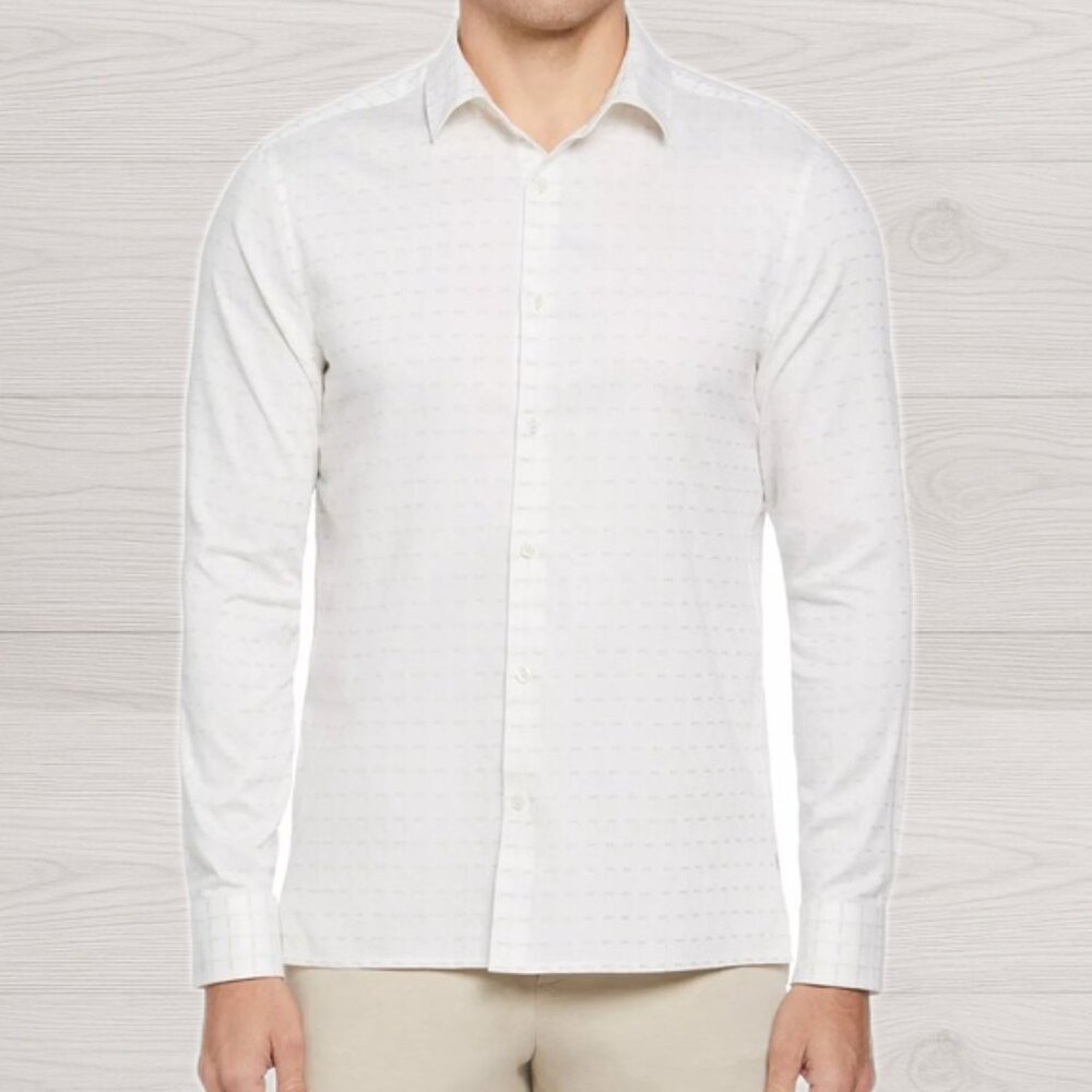 Perry Ellis Stretch Men's Dobby Geo-Print Long Sleeve Shirt,Bright White-Size L